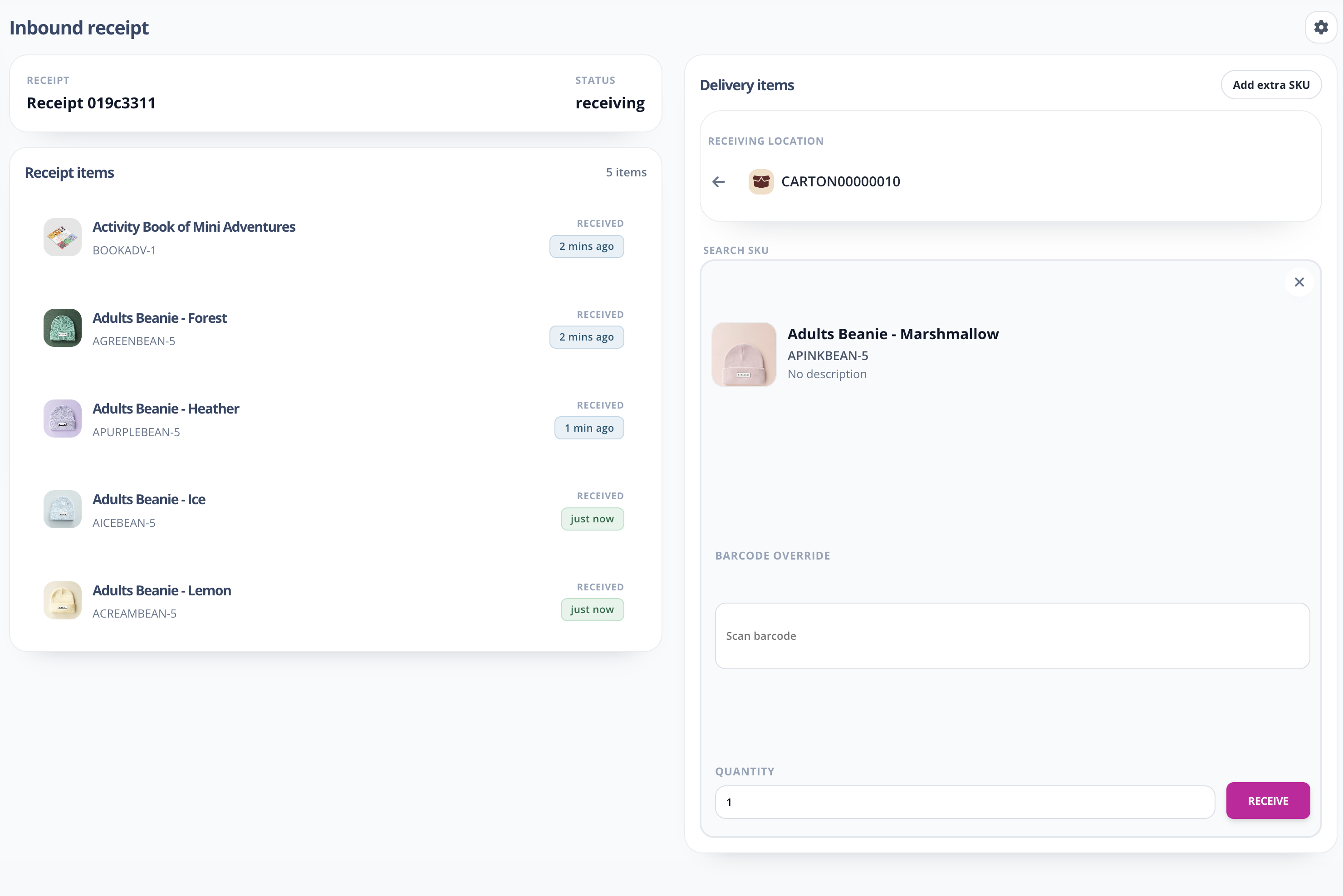 Wilfie inbound receiving screen with barcode-driven actions