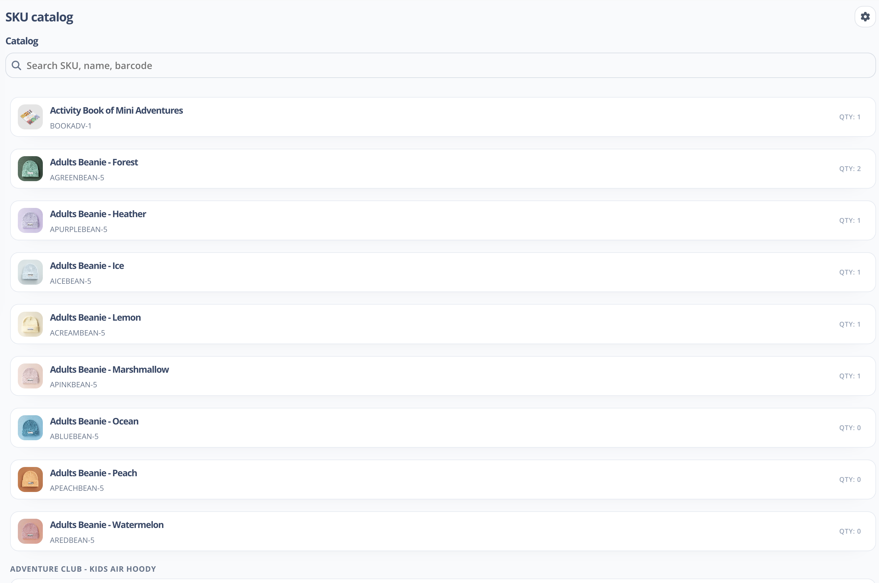 Wilfie SKU catalog showing stock visibility
